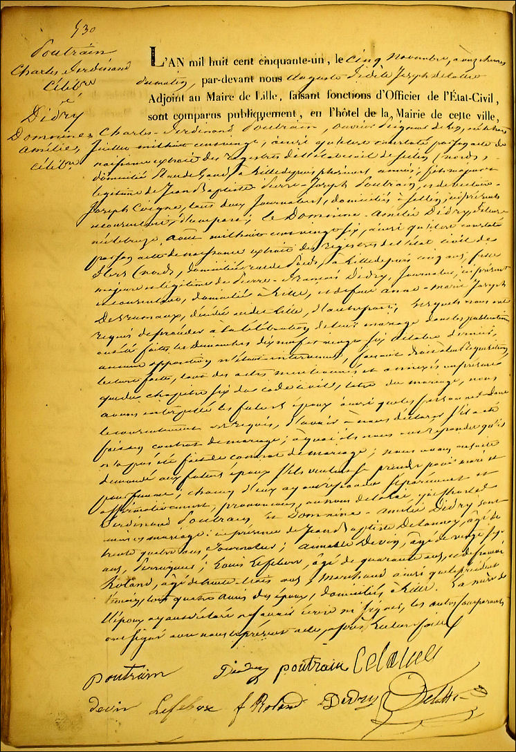 Acte de mariage de POUTRAIN Charles Ferdinand et de Domerine Amlie DIDRY le 05/11/1851  Lille