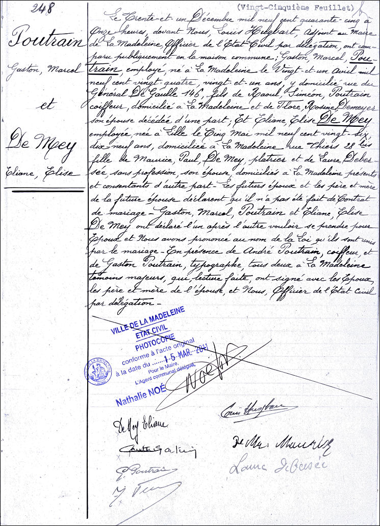Acte de mariage de POUTRAIN Gaston Marcel et de Eliane Elise DE MEY le 31/12/1945  La Madeleine.
