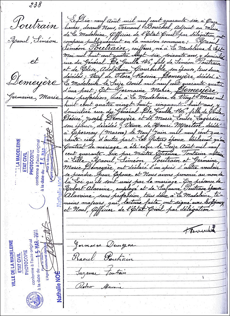 Acte de mariage de POUTRAIN Raoul Simon et de Germaine Marie DEMEYERE le 19/08/1946  La Madeleine