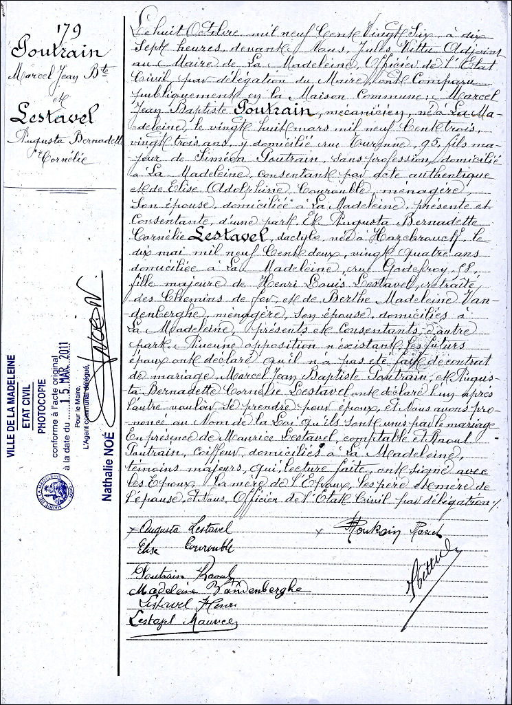 Acte de mariage de POUTRAIN Marcel Jean-Baptiste et de Augusta Bernadette Cornlie LESTAVEL le 08/10/1926  La Madeleine.