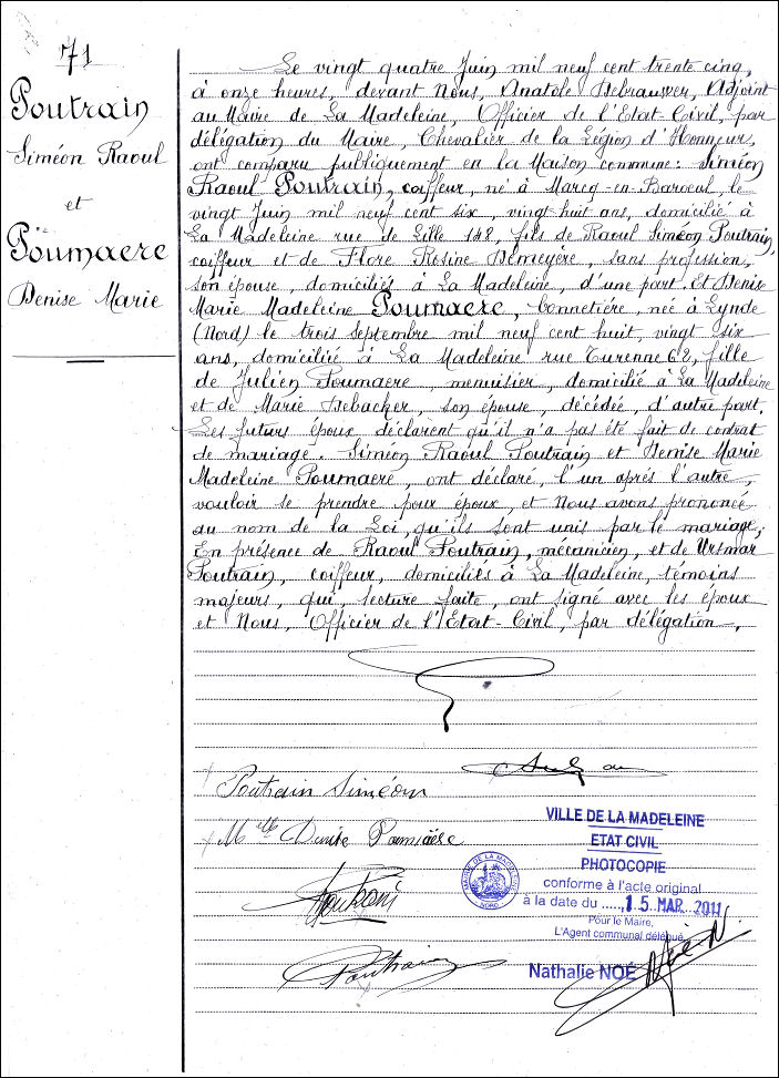 Acte de mariage de POUTRAIN Simon Raoul et de Denise Marie Madeleine POUMARE le 18/05/1927  La Madeleine