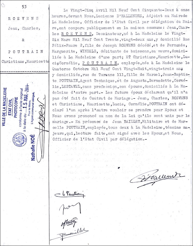 Acte de mariage de ROEVENS Jean Charles et de Christiane Mauricette Lucie Cornlie POUTRAIN le 23/10/1948  La Madeleine.