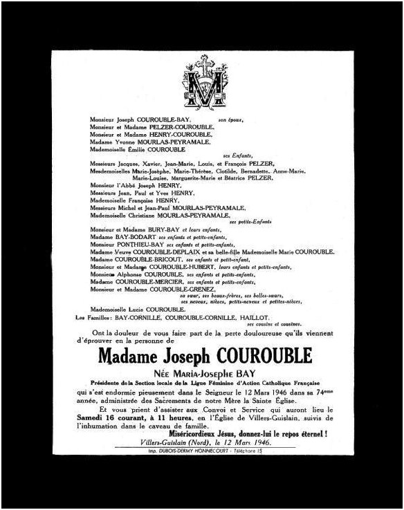 BAY Maria Josephe dcde le 12.03.1946  Villers-Guislain, pouse de Joseph Louis COUROUBLE.