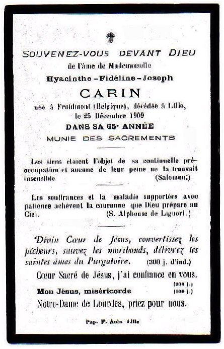 CARIN Hyacinthe Fidline Joseph dcde le 25 dcembre 1909, fille de Albric Louis Joseph x Idalie Aime CAMBRON