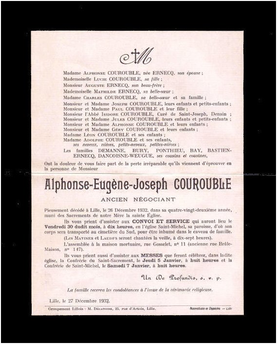 COUROUBLE Alphonse Eugne Joseph dcd le 26.12.1932  Lille, poux de Eugnie Sophie Sylvie ERNECQ.