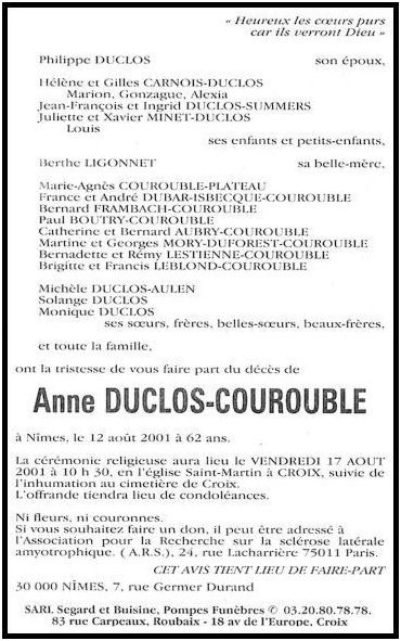 COUROUBLE Anne dcde 12.08.2001  Nmes, pouse de Philippe DUCLOS.