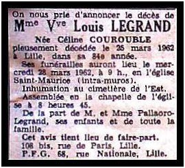 COUROUBLE Cline dcde le 25.03.1962  Lille veuve de Louis Edouard LEGRAND.