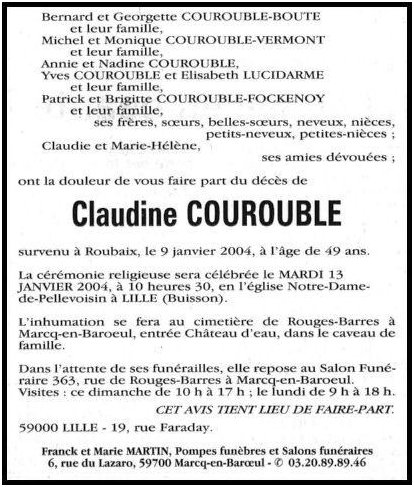COUROUBLE Claudine dcde le 09.01.2004  Roubaix.