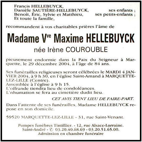 COUROUBLE Irne dcde le 29.12.2004  Marquette, veuve de Maxime HELLEBUYCK.