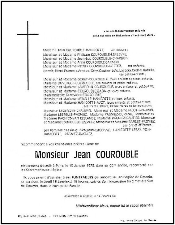 COUROUBLE Jean dcd le 10.01.1975  Paris, poux de Colette HANICOTTE.