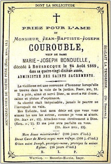 COUROUBLE Jean-Baptiste Joseph dcd le 24.08.1869  Bousbecque, veuf de Marie Joseph BONDUELLE.