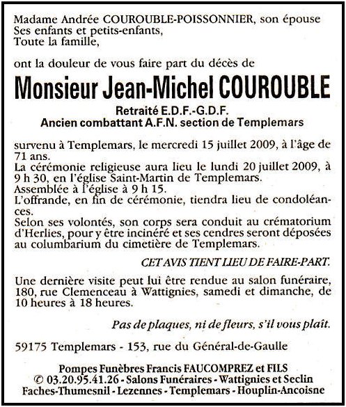 COUROUBLE Jean-Michel, n le 20/12/1937  Phalempin, fils de Michel Jean et de Isabelle Nomie SAELENS, poux de Andre Mireille POISONNIER.