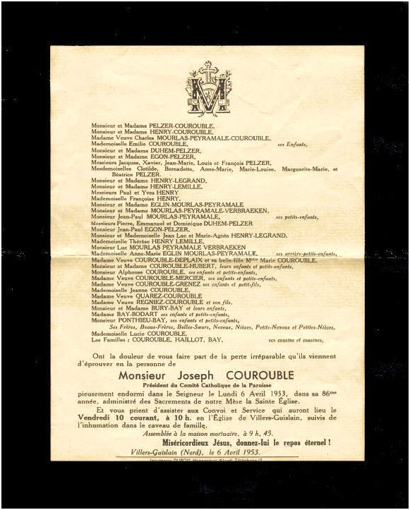 COUROUBLE Joseph Louis dcd le 06.04.1953  Villers-Guislain, veuf de Maria Jos. BAY.