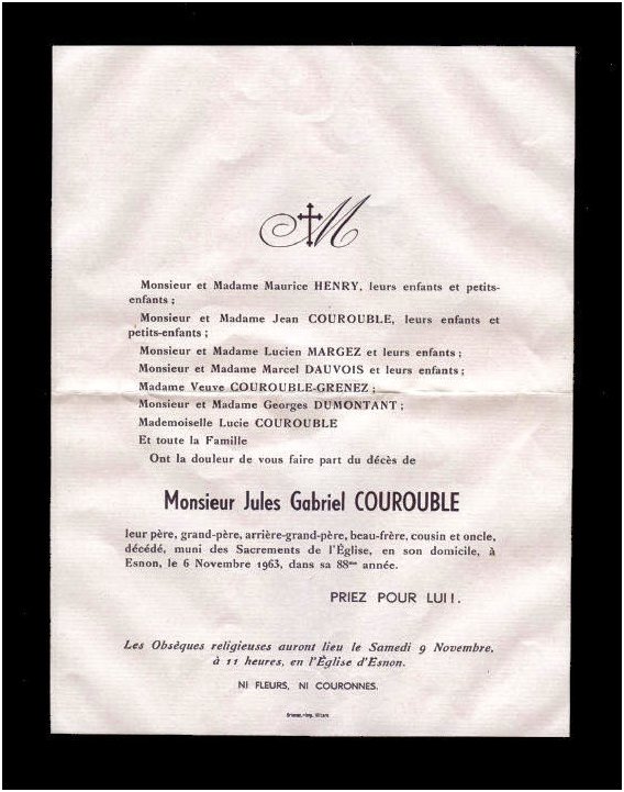 COUROUBLE Jules dcd le 06.11.1963  Esnon, veuf de Marie-Louise HUBERT.