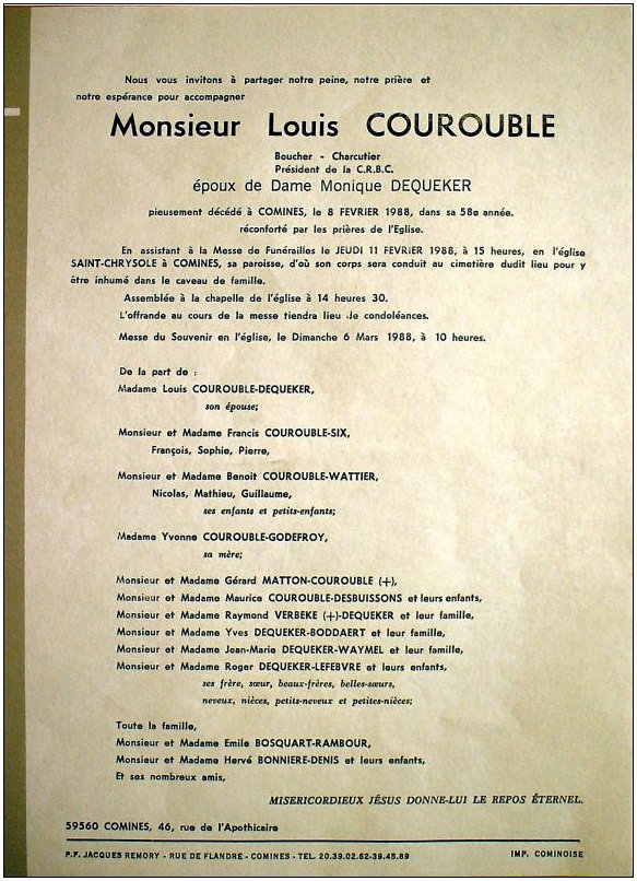 COUROUBLE Louis dcd le 08.02.1988  Comines, poux de Monique DEKEKER.