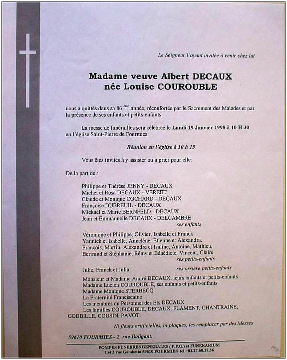COUROUBLE Louise dcde le 15.01.1998  Fourmies, veuve de Albert Abel Andr DECAUX.