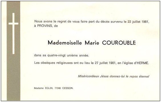 COUROUBLE Marie dcde le 22/06/1981  Provins.