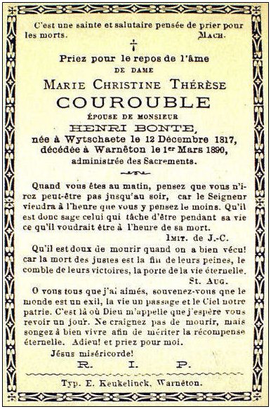 COUROUBLE Marie-Christine Thrse dcde le 01.03.1890  Warneton, pouse de Henri Charles Joseph BONTE.