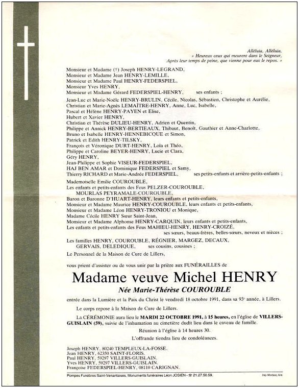 COUROUBLE Marie-Thrse dcde le 18.10.1991  Lillers, veuve de Michel HENRY.