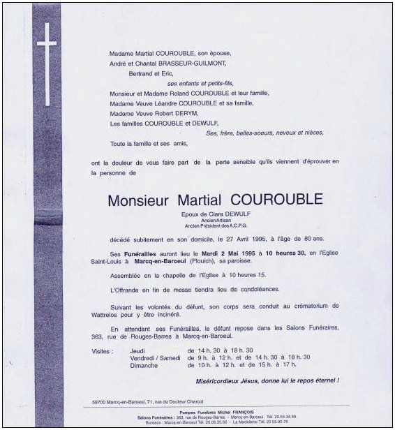 COUROUBLE Martial dcd le 27.04.1995  Marcq-en-Baroeul, poux de Clara DEWULF.