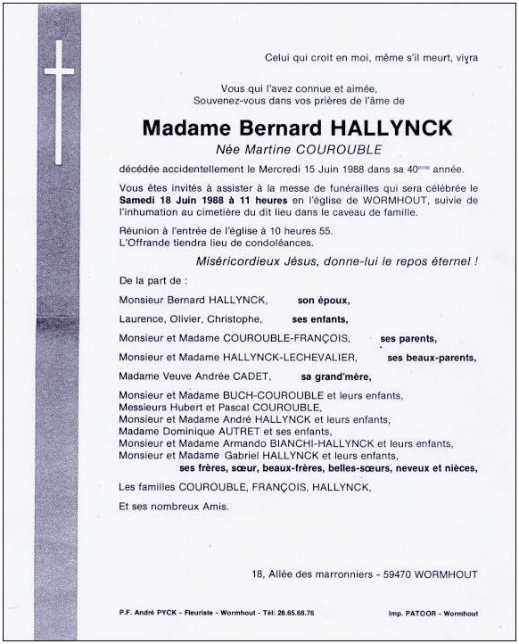 COUROUBLE Martine dcde le 15.06.1988  Wormhout, pouse de Bernard HALLYNCK.