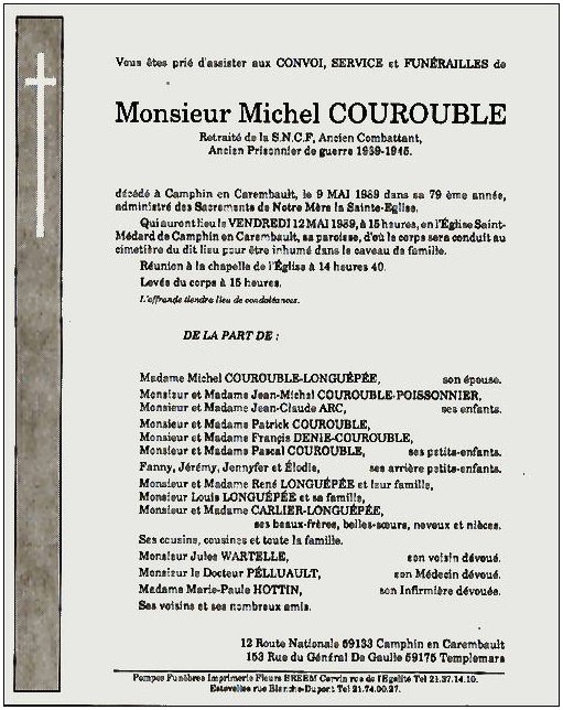COUROUBLE Michel Jean dcd le 09.05.1989  Camphin-en-Carembault, poux de Isabelle Nomie SAELENS.