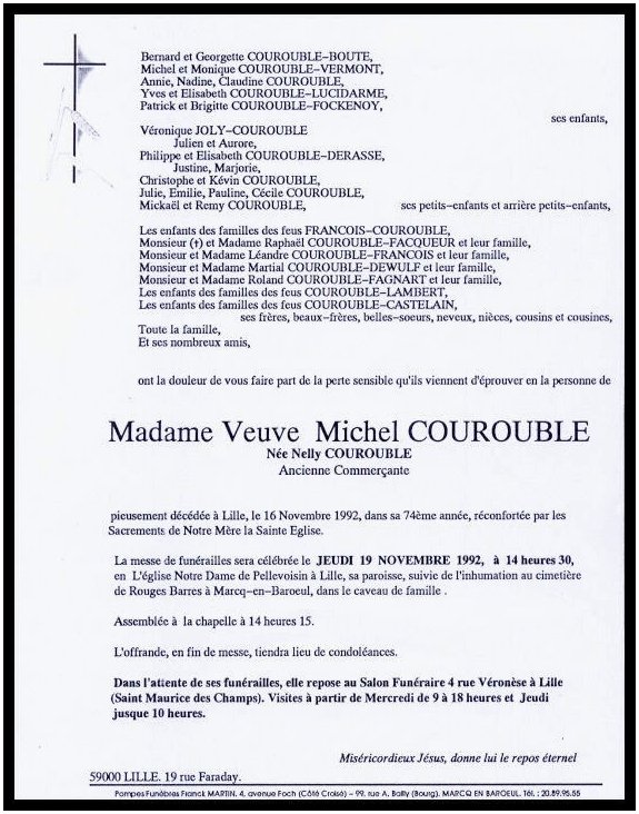 COUROUBLE Nelly Julia dcde le 16.11.1992  Lille, veuve de Michel Henri COUROUBLE.