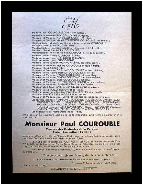 COUROUBLE Paul Gustave dcd le 31.03.1950  Lille, poux de Zlia DENIS.