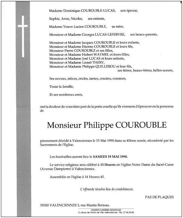 COUROUBLE Philippe dcd le 15.05.1990  Valenciennes, poux de Dominique LUCAS.