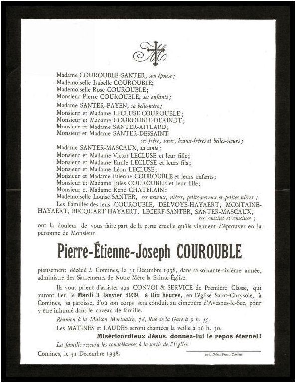 COUROUBLE Pierre Etienne Joseph dcd le 31.12.1938  Comines poux de Rosa Honorine Sophie Marie SANTER.