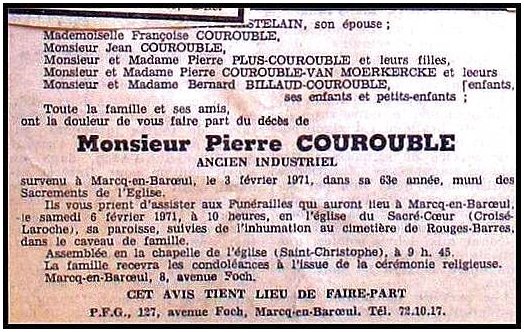 COUROUBLE Pierre Henri dcd le 03.02.1971  Marcq-en-Baroeul, poux de Simone Louise Jeanne CASTELAIN.