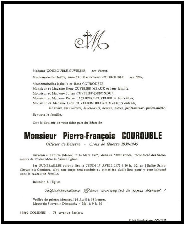 COUROUBLE Pierre Franois dcd le 14/03/1975  Kenitra (Port Lyaut) Maroc, pouse de Ccile CUVELIER.