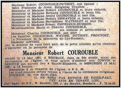 COUROUBLE Robert dcd le 13.05.1961  Roubaix, poux de Gabrielle DUTHOIT.