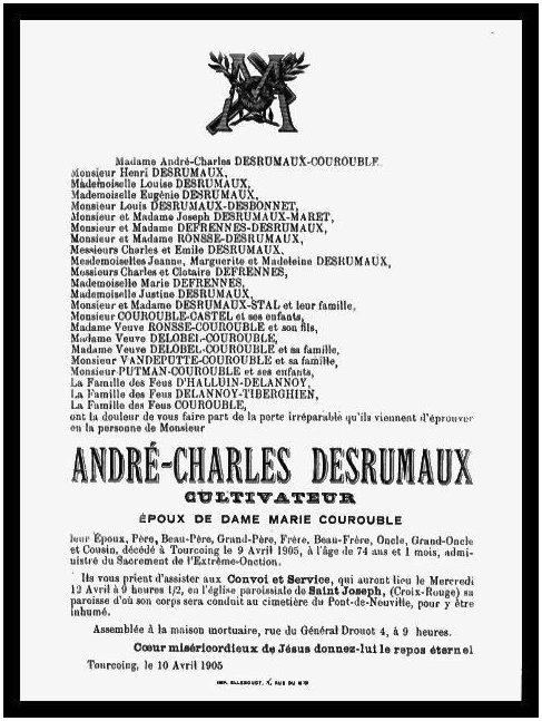 DESRUMAUX Andr Charles dcd le 09.04.1905  Tourcoing, poux de Anne Marie COUROUBLE.