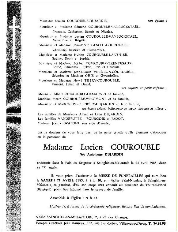 DUJARDIN Antoinette dcde le 24.04.1985  Sainghin-en-Mlentois, pouse de Lucien COUROUBLE.