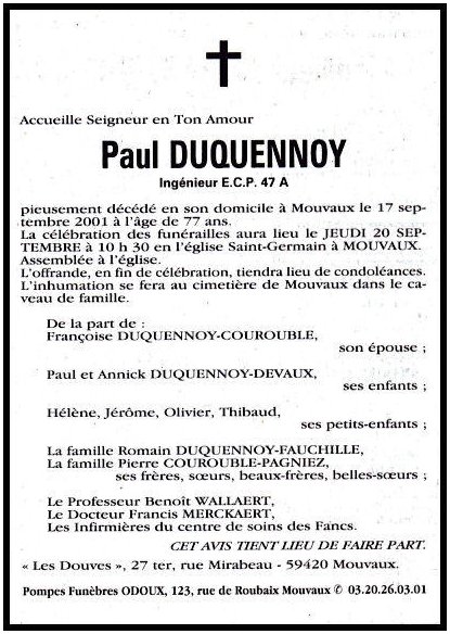DUQUENNOY paul Georges Marie Joseph dcd le 17.09.2001  Mouvaux, veuf de Franoise Elisabeth Marie Joseph COUROUBLE.