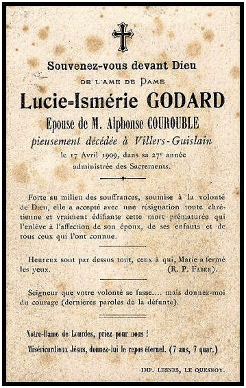 GODARD Lucie Ismrie dcde le 17.04.1909  Villers-Guislain, pouse de Alphonse COUROUBLE.