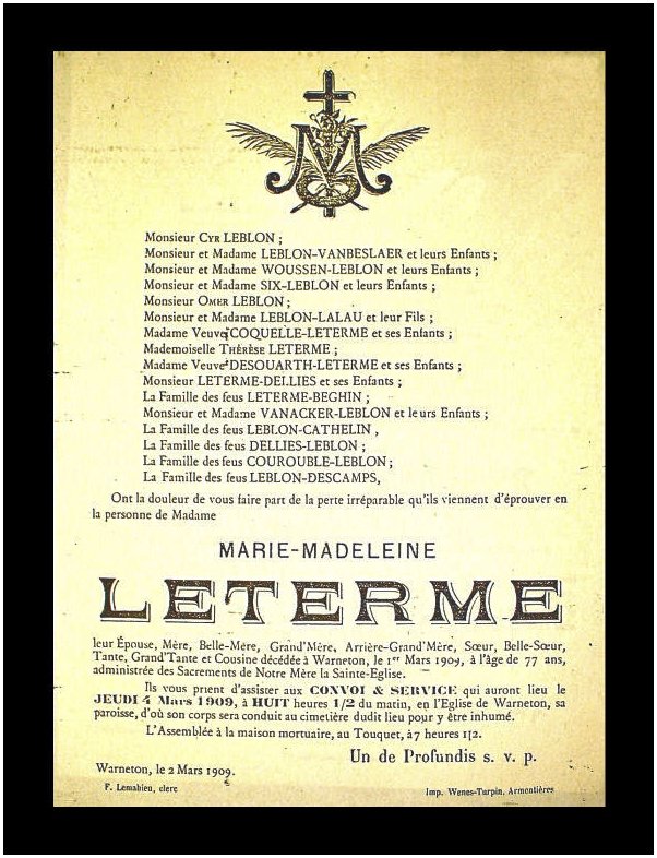 LETERME Marie Madeleine dcde le 01/03/1909  Warneton, pouse de Cyr LEBLON.