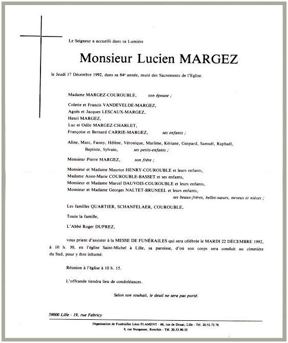 MARGEZ Lucien dcd le 17.12.1992  Lille, poux de Marthe COUROUBLE.
