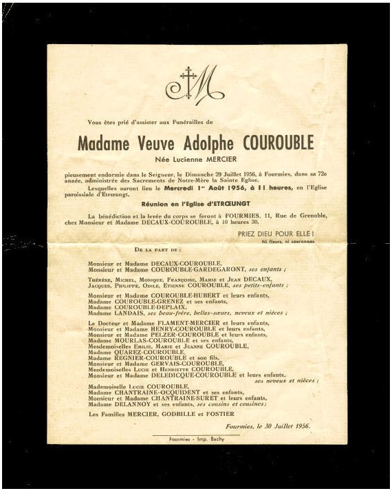 MERCIER Lucienne dcde le 29.07.1956  Etroeungt, veuve de Adolphe Auguste COUROUBLE.