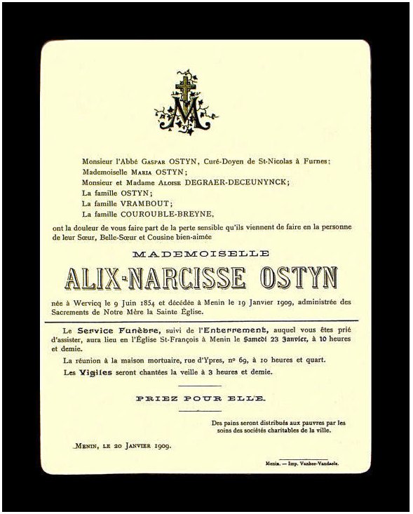 OSTYN Alix Narcisse dcde le 19.01.1909  Menin.