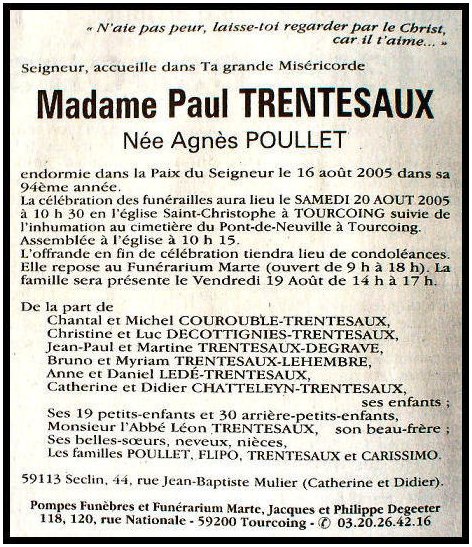 POULLET Agns dcde le 16.08.2005  Tourcoing, veuve de Paul TRENTESAUX.