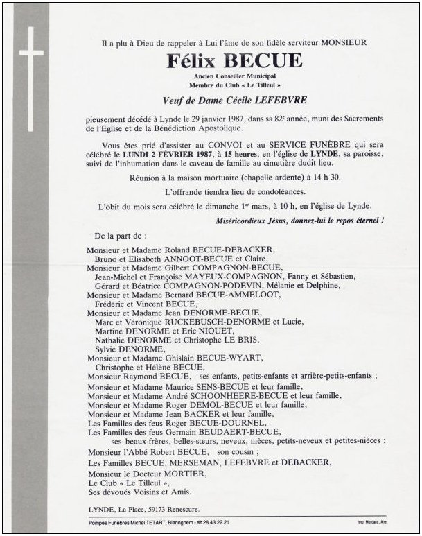 BECUE Flix Adolphe Cornil dcd le 29.01.1987  Lynde, veuf de Ccile Marie Mathilde LEFEBVRE.