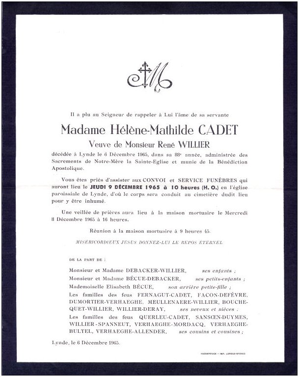 CADET Hlne Mathilde dcde le 06.12.1965  Lynde, veuve de Ren WILLIER.
