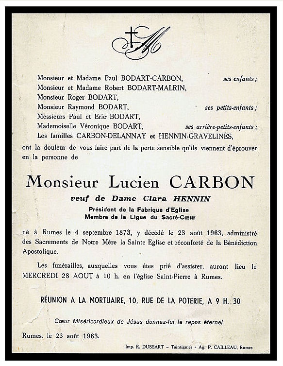 CARBON Lucien dcd le 23.08.1963  Rumes, veuf de Clara HENNIN.
