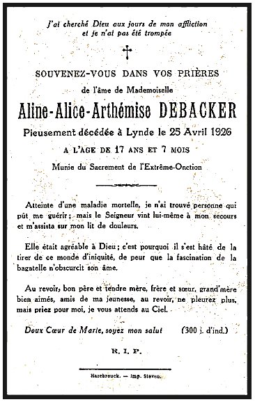 DEBACKER Aline Alice Arthmise dcde le 25.04.1926  Lynde.