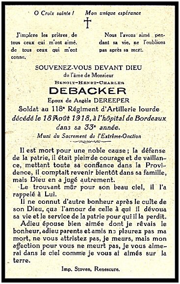 DEBACKER Benot Henri Charles dcd le 18.08/1918  Bordeaux, poux de Angle DEREEPER.