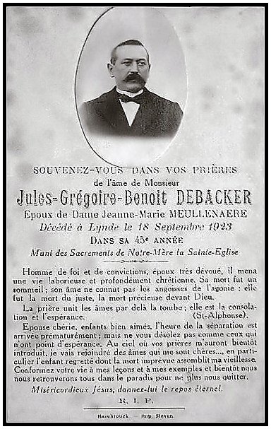 DEBACKER Jules Grgoire Benot dcd le 18.09.1923  Lynde, poux de Jeanne-Marie MEULLENAERE.