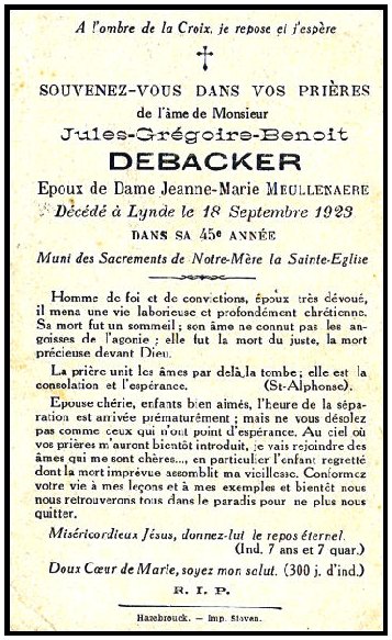 DEBACKER Jules Grgoire Benot dcd le 18.09.1923  Lynde, poux de Jeanne-Marie MEULLENAERE.