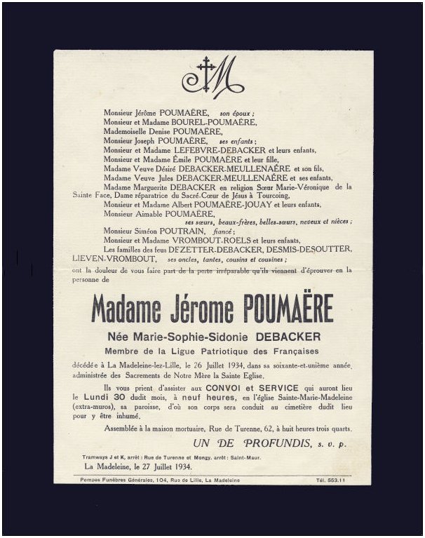 DEBACKER Marie Sophie Sidonie dcde le 26.07.1934  La Madeleine, pouse de Julien Benjamin Jrme POUMARE.